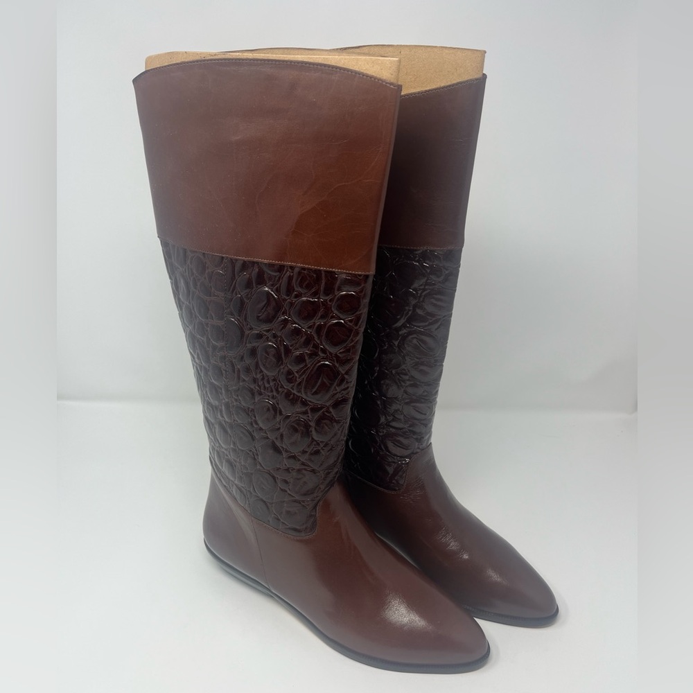 9 West Nine West Margot Dk Cognac Brown Sz 7.5 Leather Riding Boots Textured NEW